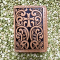 Men’s natural and chocolate trifold wallet with tooled cross design — Blair's Western Wear Marble Falls TX