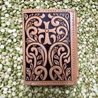 Men’s natural and chocolate trifold wallet with tooled cross design — Blair's Western Wear Marble Falls TX