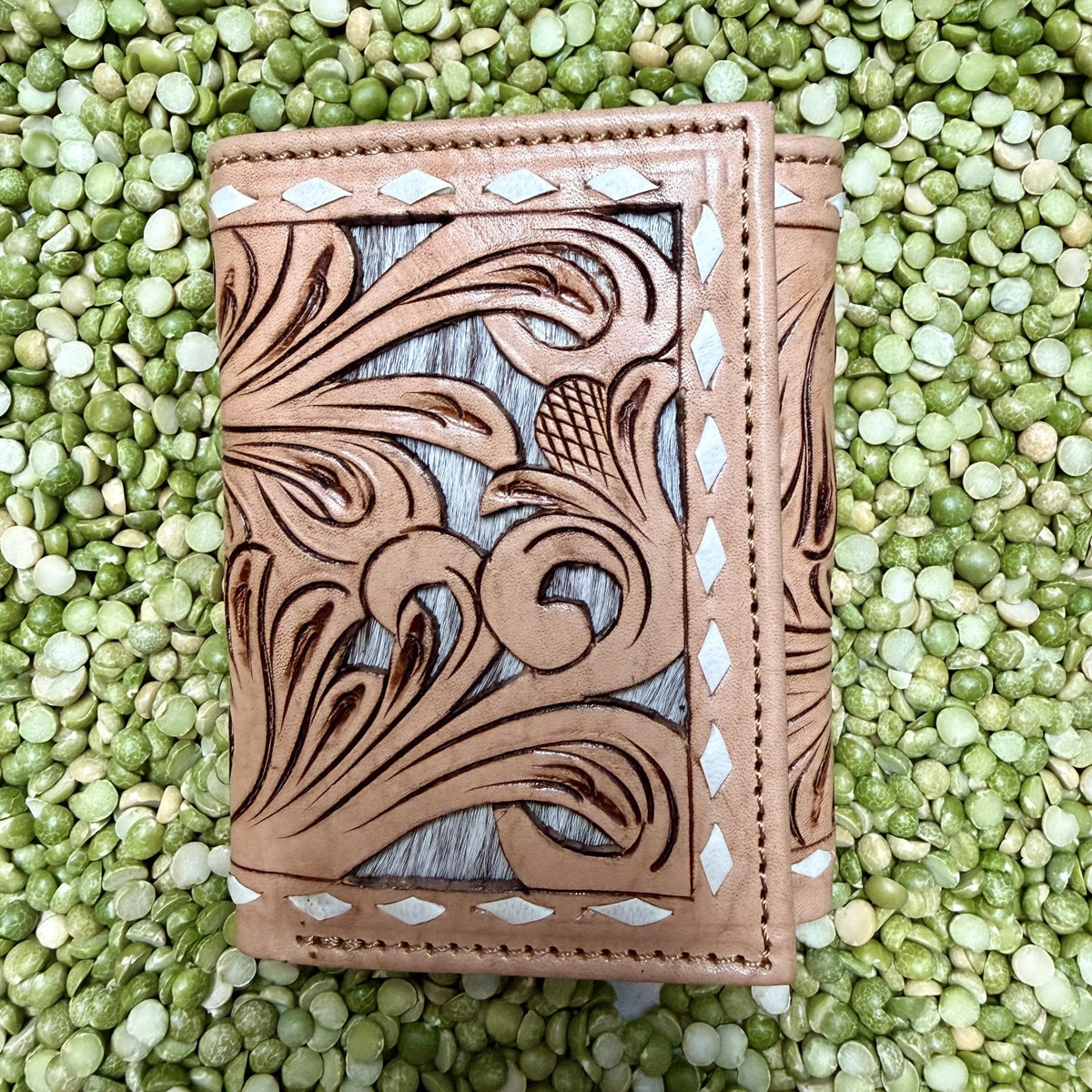 Men's Trifold Tooled Overlay Hair-On-Hide Wallet