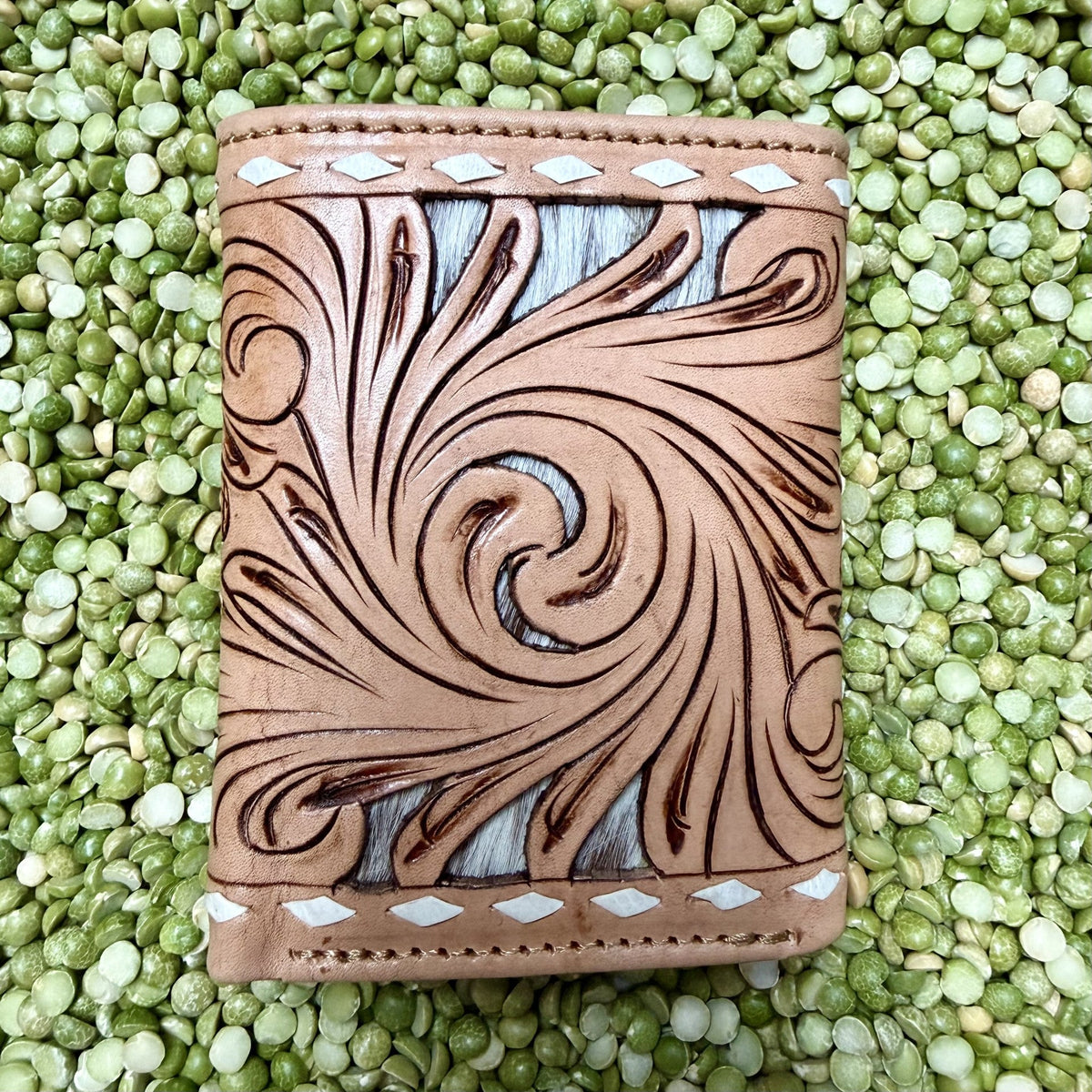Men's Trifold Tooled Overlay Hair-On-Hide Wallet
