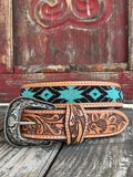 Men’s TACKRUS Western Belt in natural, black, and turquoise, hand-tooled leather with turquoise and black Aztec beaded inlay and antique silver engraved buckle - 26RT38B. Available at Blair's Western Wear, Marble Falls, TX.