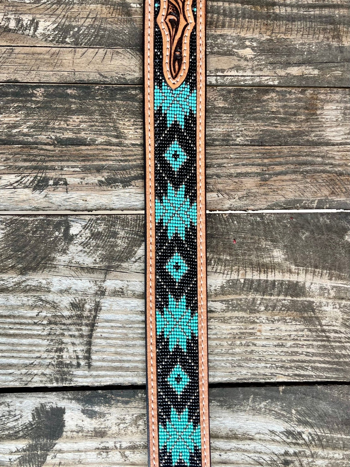 Men's Turquoise & Black Aztec Beaded Tooled Leather Belt
