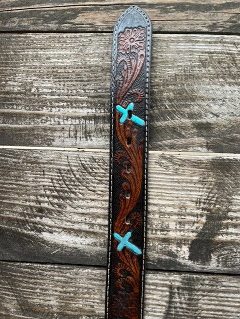 Men's Turquoise Cross Tooled Leather Belt