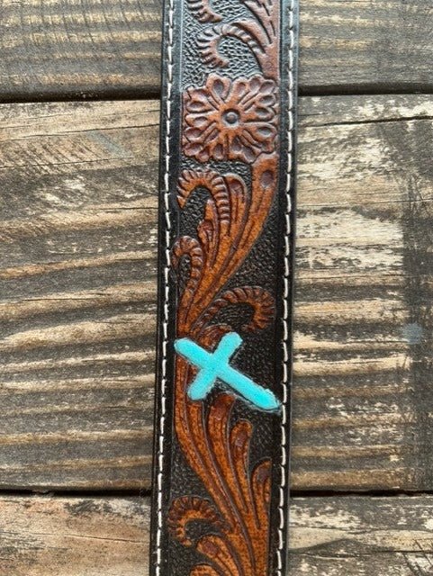Men's Turquoise Cross Tooled Leather Belt