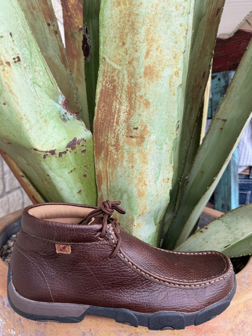 Men's brown full-grain leather chukka driving moccasin with lace-up front, rounded moc toe, contrast stitching, and rubber outsole — Blair's Western Wear Marble Falls TX⠋