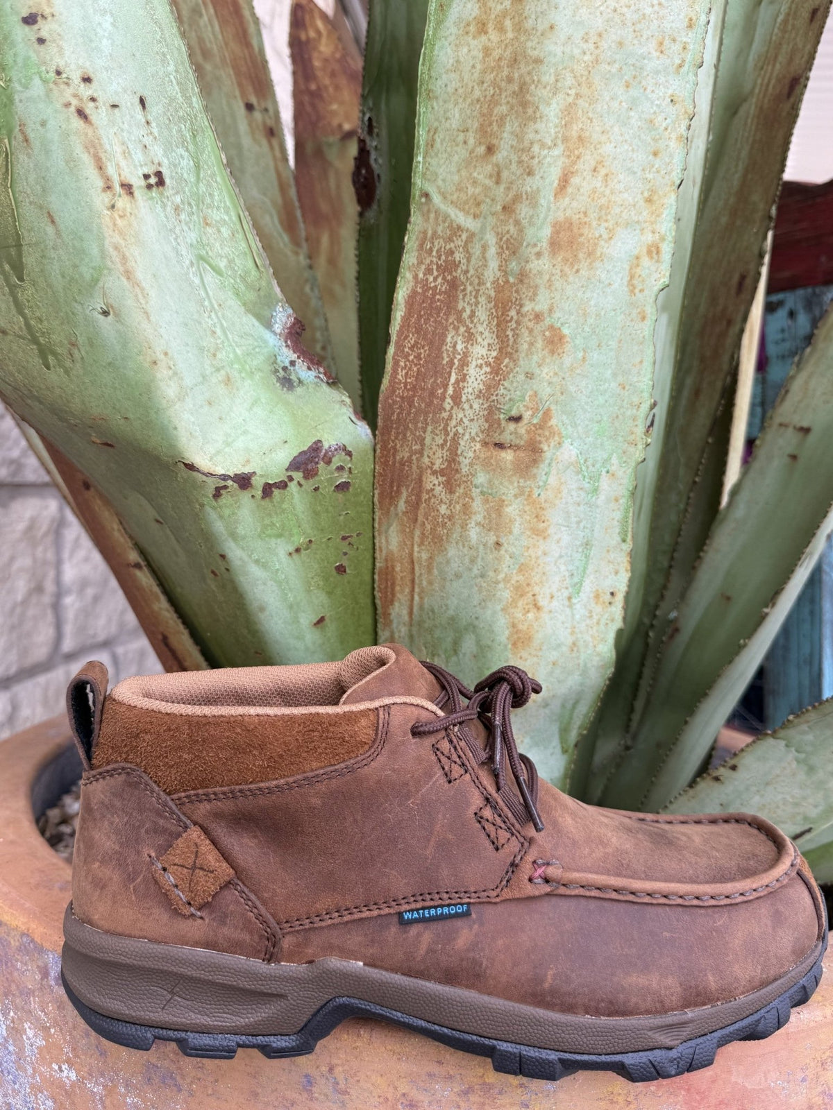 Men’s brown waterproof hiker moc with breathable lining, padded collar, and heel pull-tab — Blair’s Western Wear Marble Falls TX