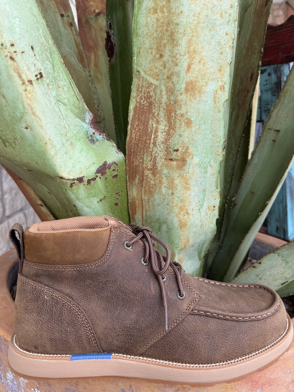 Men's two-tone brown full-grain leather lace-up boot with moc toe, contrast stitching, padded collar, and rubber wedge outsole — Blair's Western Wear Marble Falls TX⠋