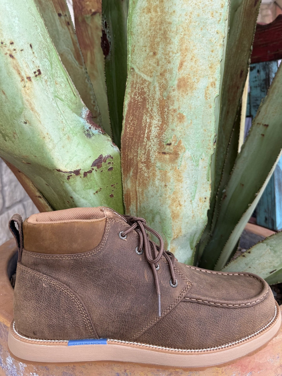 Men's two-tone brown full-grain leather lace-up boot with moc toe, contrast stitching, padded collar, and rubber wedge outsole — Blair's Western Wear Marble Falls TX⠋