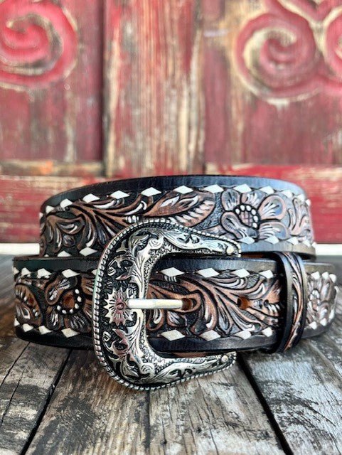 Men's Two-Tone Rawhide Stitch Tooled Leather Belt