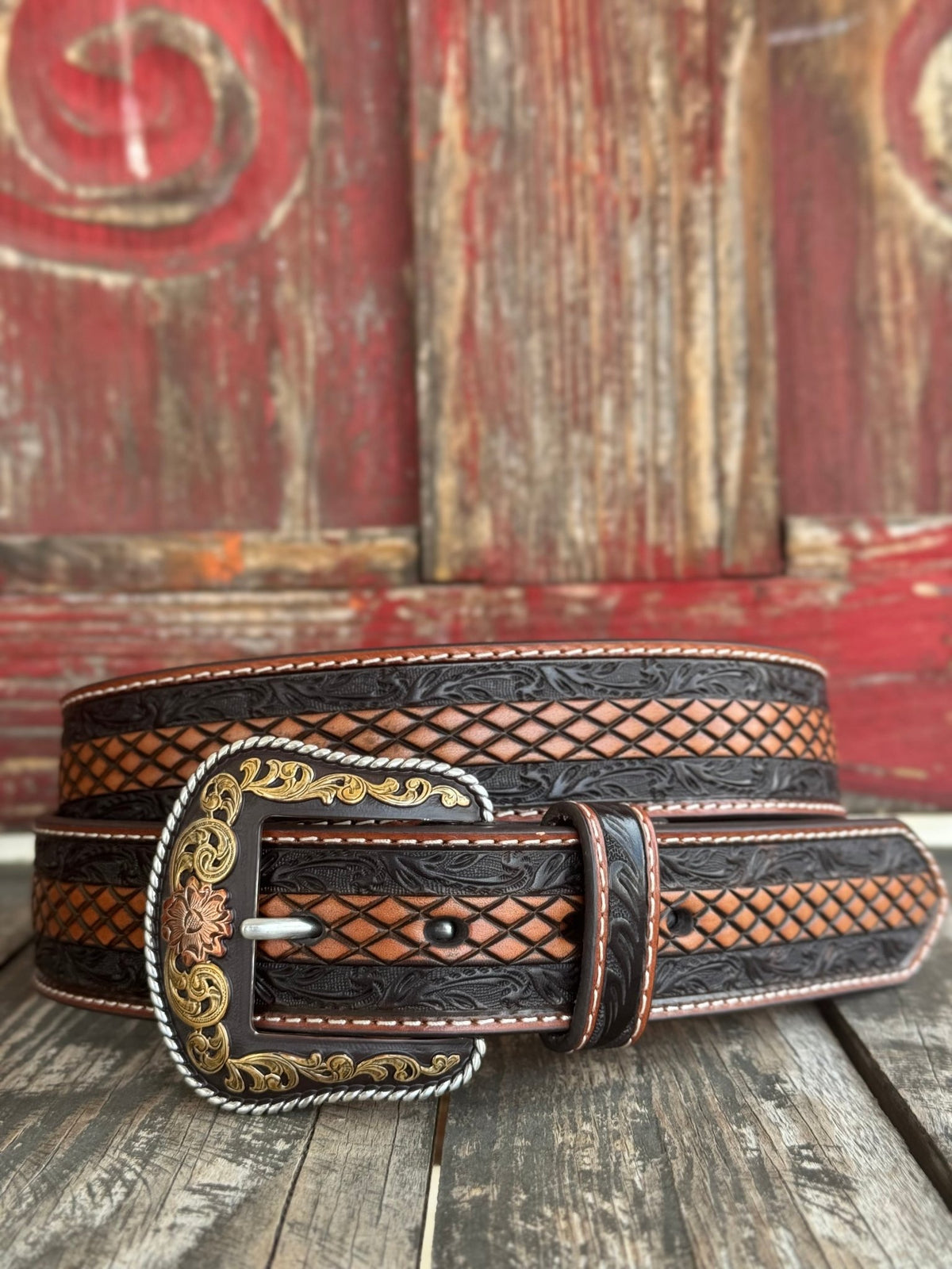 Men's Two-Tone Tooled Leather Belt