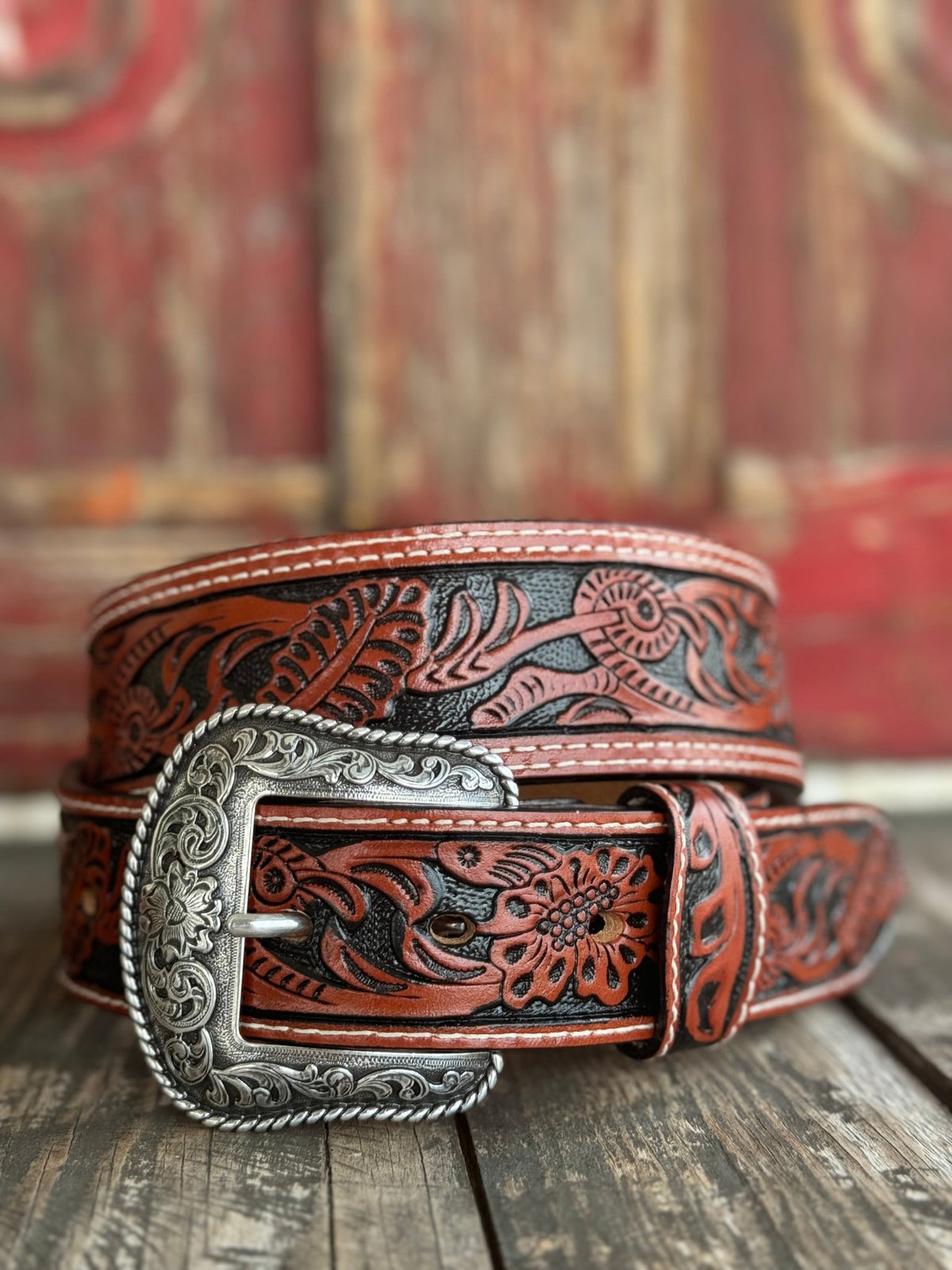 Men's Two-Tone Tooled Leather Belt