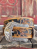 Men's Two Tone Tooled Leather Belt in Tan & Black With Fancy Etched Buckle - C41514 - Blair's Western Wear Marble Falls, TX 