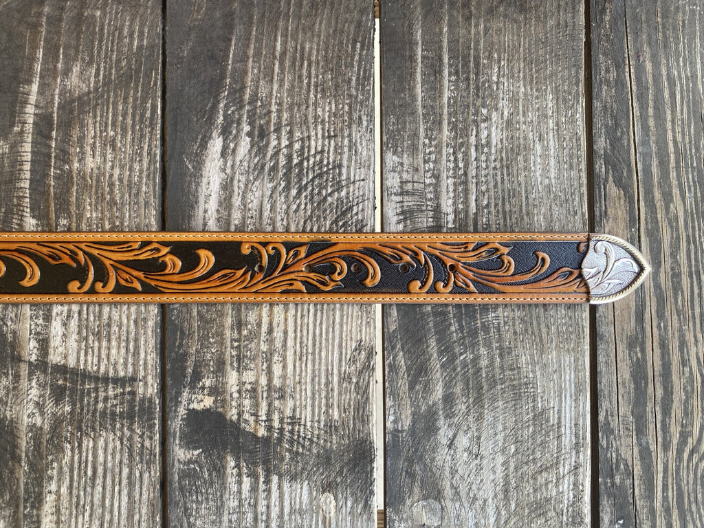 Men's Two Tone Tooled Leather Belt in Tan & Black With Fancy Etched Buckle - C41514 - Blair's Western Wear Marble Falls, TX
