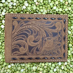 Men's Two-Tone Tooled Leather Rawhide Stitch Bifold Wallet