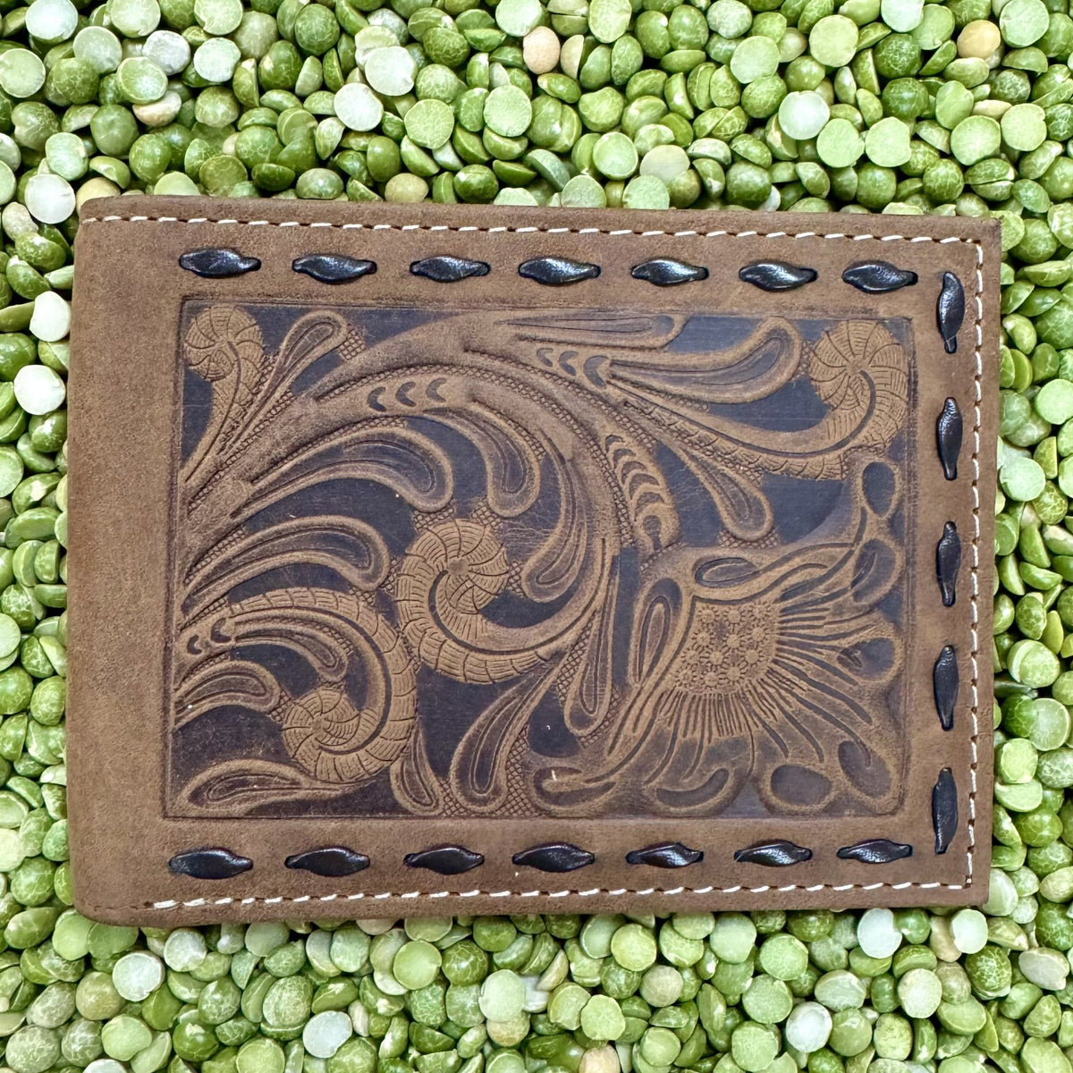 Men's Two-Tone Tooled Leather Rawhide Stitch Bifold Wallet
