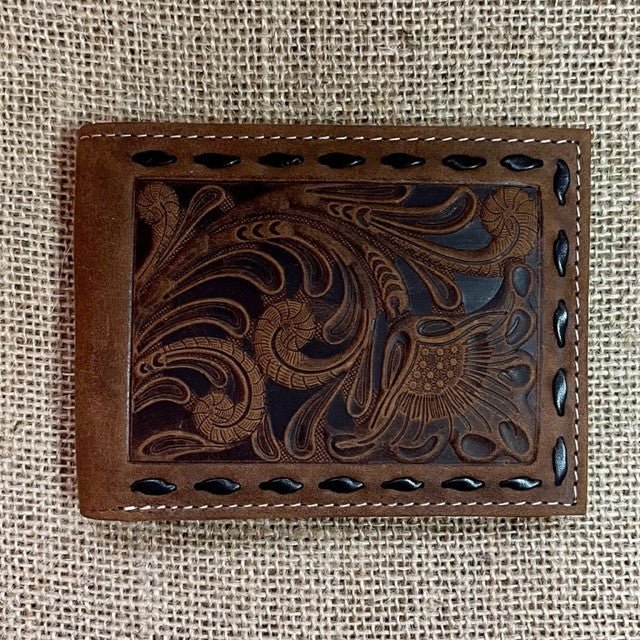 Men's Two-Tone Tooled Leather Rawhide Stitch Bifold Wallet