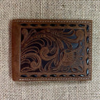Men's Two-Tone Tooled Leather Rawhide Stitch Bifold Wallet