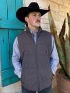 Men’s Roper quilted poly vest in gray, lightly insulated for warmth, with zip pockets and a fleece-lined interior - 3976956648G. Available at Blair's Western Wear, Marble Falls, TX.