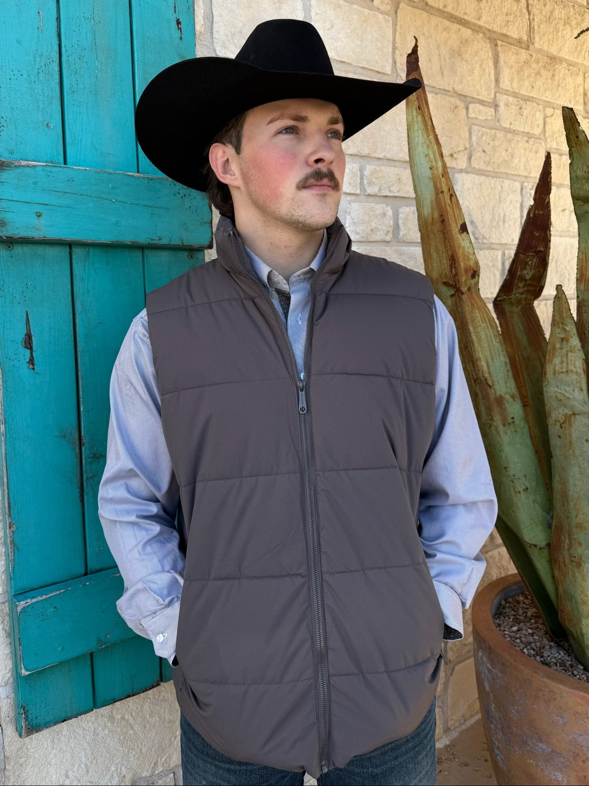 Men’s Roper quilted poly vest in gray, lightly insulated for warmth, with zip pockets and a fleece-lined interior - 3976956648G. Available at Blair's Western Wear, Marble Falls, TX.