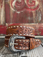 Men's Whipstitch Tooled Leather Belt