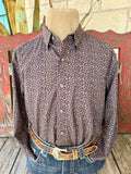 Men's black and rust small floral-print long-sleeve shirt with button-down collar, button front and single chest pocket — Blair's Western Wear Marble Falls TX