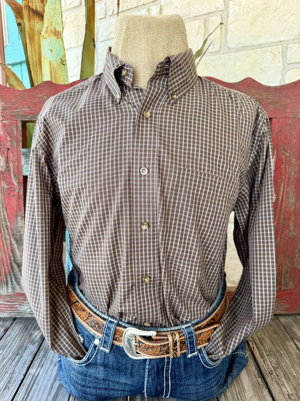 Men's brown plaid long-sleeve shirt with fine natural-toned grid lines, button-down collar, button-front closure, and open chest pocket — Blair's Western Wear Marble Falls TX