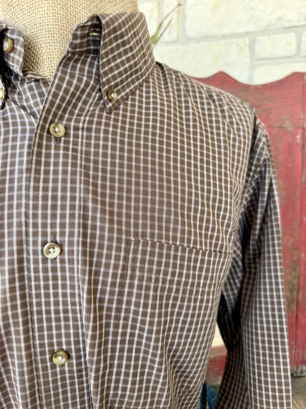 Men's Wrangler Brown Plaid Long Sleeve Button-Up Shirt