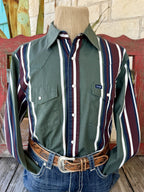 Men's hunter green long-sleeve Western shirt with wine, navy, and white vertical stripes, pointed collar, Western yoke seams, white snap front, and two snap-flap chest pockets — Blair's Western Wear Marble Falls TX