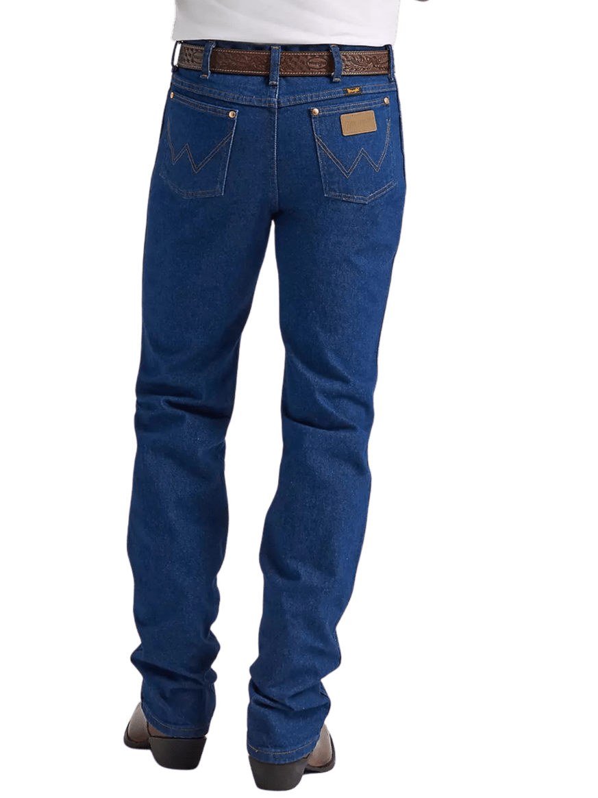 Men's prewashed slim fit Cowboy Cut blue jean with five-pocket styling, boot-cut leg opening, and classic indigo denim — Blair's Western Wear Marble Falls TX