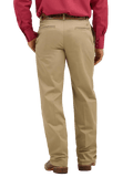 Men's tan flat front dress pant back view with double welt pockets and relaxed fit, styled with western boots and tooled leather belt — Blair's Western Wear Marble Falls TX