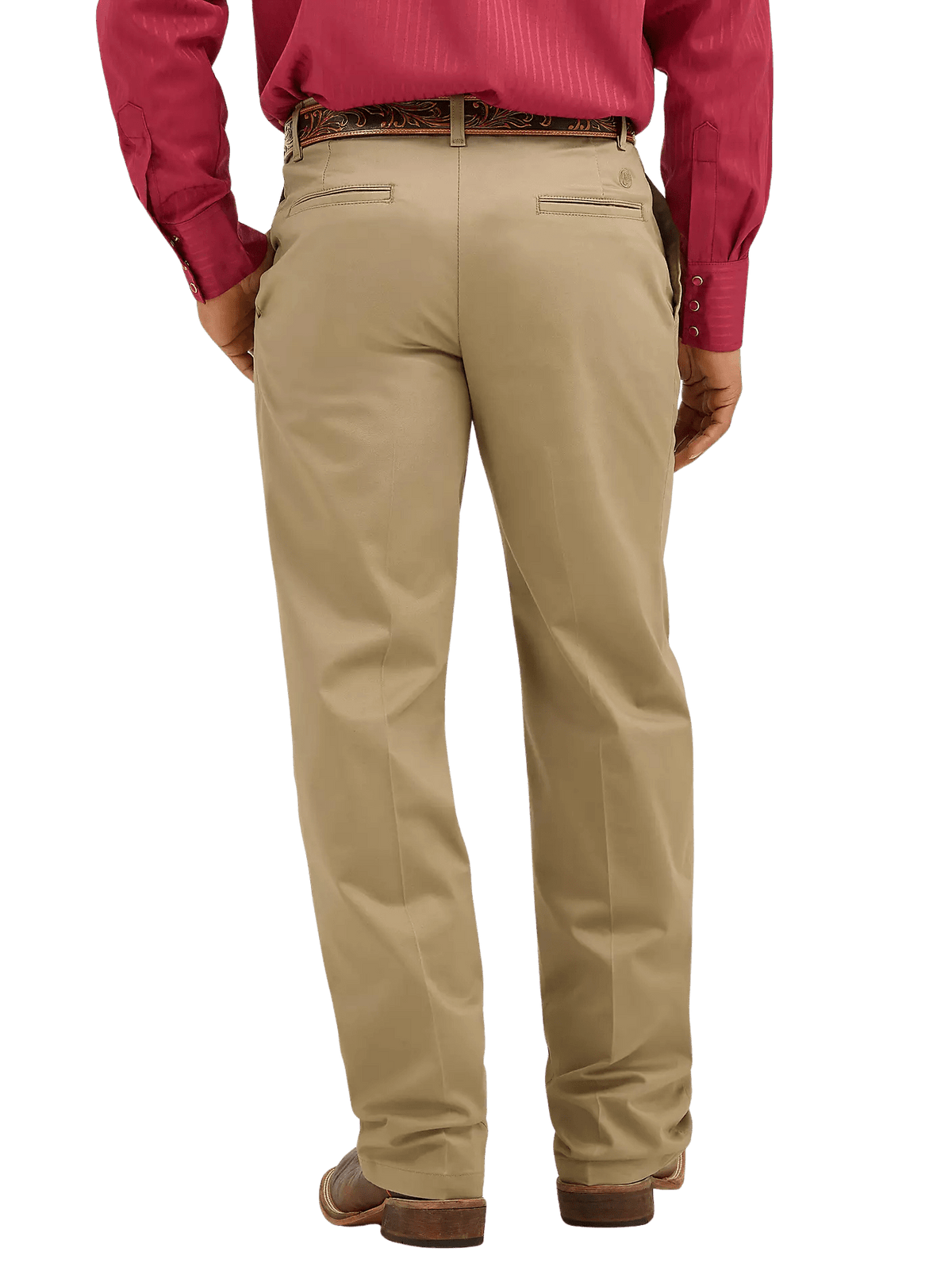 Men's tan flat front dress pant back view with double welt pockets and relaxed fit, styled with western boots and tooled leather belt — Blair's Western Wear Marble Falls TX