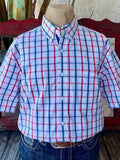 Men's Wrangler Plaid Button-Down Shirt in White/Blue/Red, made from breathable cotton for lightweight comfort, with a button-down collar that keeps the look crisp - 112365408. Available at Blair's Western Wear, Marble Falls, TX.