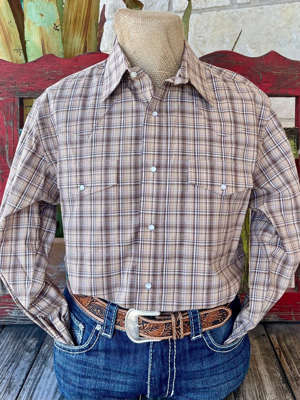 Men's Wrangler Shirt in gray, blue, and green plaid, featuring 100% cotton material with classic pearl snap buttons - 112351593. Available at Blair's Western Wear, Marble Falls, TX.