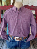 Men's Wrangler Long Sleeve Button Down in Wine and White Check with single chest pocket - 112352378W. Available at Blair's Western Wear, Marble Falls, TX