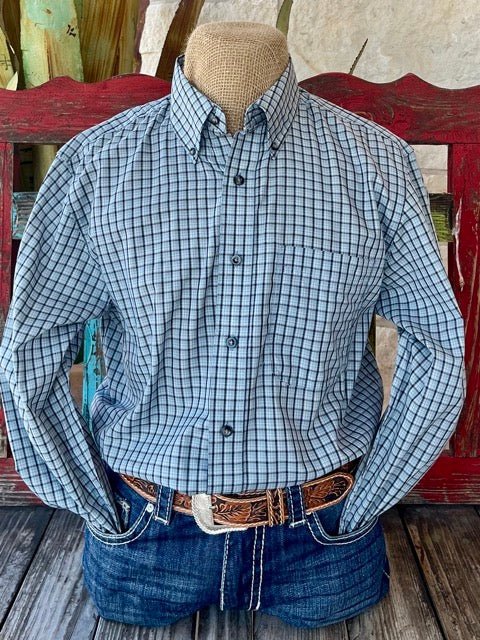 Men's Wrangler Long Sleeve Button Down in Sage and Black Check with single Chest Pocket - 112352379S. Available at Blair's Western Wear, Marble Falls, TX.

