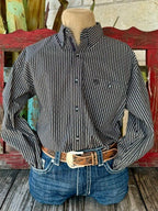Men's Wrangler Long Sleeve Striped Shirt in black and white, crafted from a comfortable cotton blend with durable button closures - 112352724. Available at Blair's Western Wear, Marble Falls, TX.