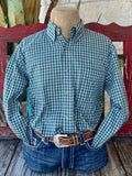 Men's Wrangler Long Sleeve Button Down in Green, White, and Blue Checks with Single Chest Pocket - 112356525G. Available at Blair's Western Wear, Marble Falls, TX.