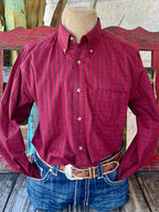 Men's Wrangler Long Sleeve Button Down in Red/Black Check with Siingle Chest Pocket - 112356525R. Available at Blair's Western Wear, Marble Falls, TX.