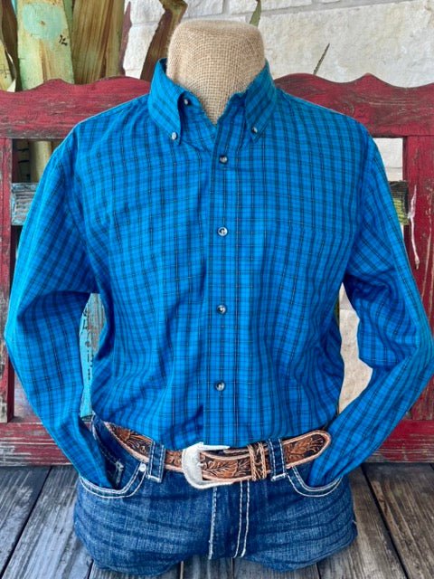Men's Wrangler Long Sleeve Button Down in Turquoise and Black Check with single Chest Pocket - 112356525T. Available at Blair's Western Wear, Marble Falls, TX.