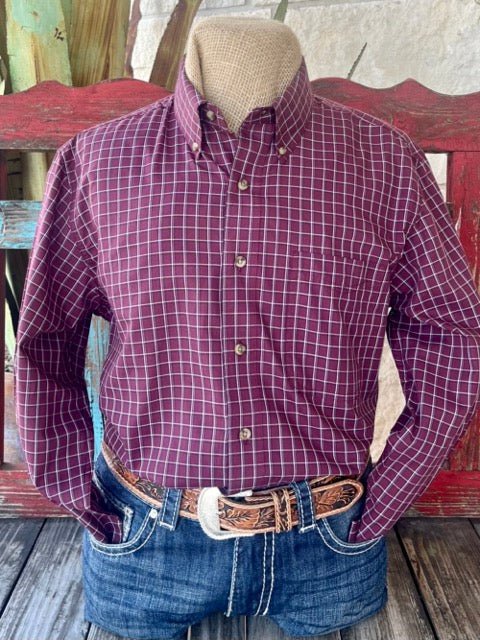 Men's Wrangler Long Sleeve in Wine and White, crafted from 100% Cotton  with Single Chest Pocket for practicality and style - 112356526W. Available at Blair's Western Wear, Marble Falls, TX.
