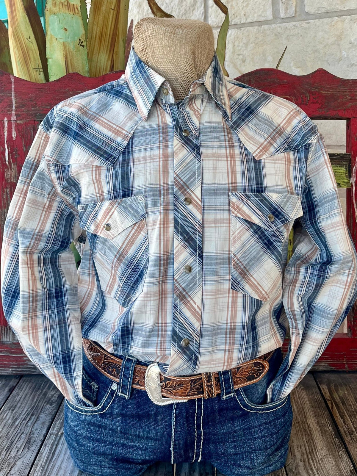 Men's Wrangler Long Sleeve Snap Plaid Shirt in blue, beige, and white, advanced comfort fabric, secure snap closures - 112359546. Available at Blair's Western Wear, Marble Falls, TX.