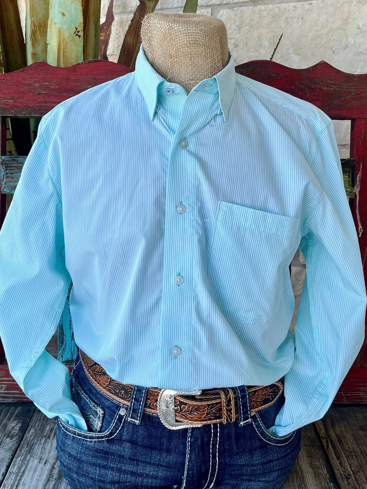 Men's Wrangler Western Shirt in white and mint stripes, featuring a hidden button-down collar and single chest pocket - 112365606. Available at Blair's Western Wear, Marble Falls, TX.