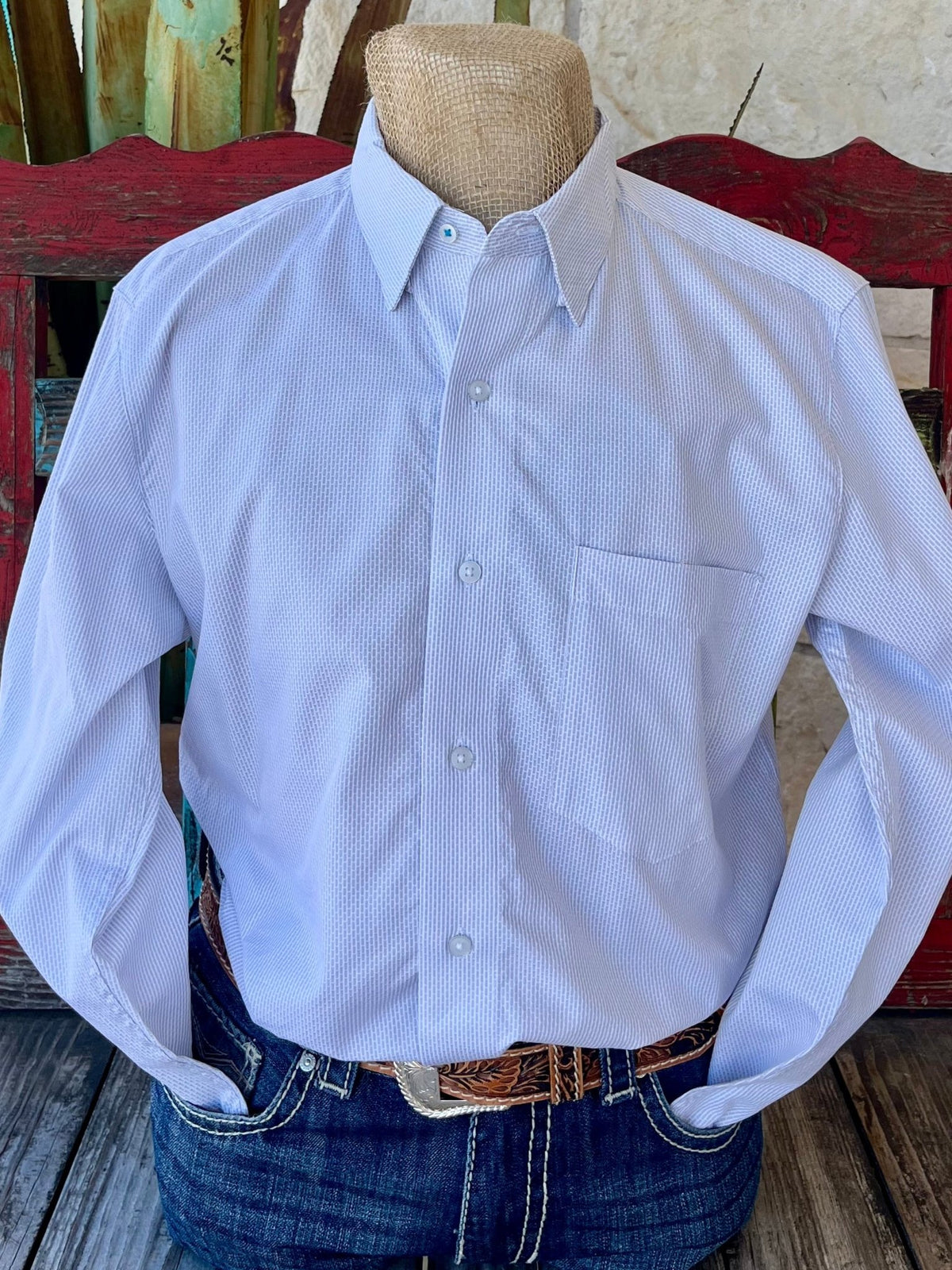 Men's Wrangler Cody Johnson One Pocket Button Down Shirt in ceramic print, featuring a classic fit with a hidden button-down collar and mitered cuffs – 112365616. Available at Blair's Western Wear, Marble Falls, TX.