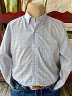 Men's Wrangler Western Shirt Plaid Button-Down in Gray/Light Blue, tailored fit for a clean silhouette, with breathable cotton-blend fabric for all-day comfort - 112365619. Available at Blair's Western Wear, Marble Falls, TX.