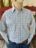 Men’s Wrangler long sleeve snap plaid shirt in blue and white check, with pearl snap closures, and two secure flap chest pockets - 112367710. Available at Blair's Western Wear, Marble Falls, TX.
