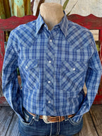 Men’s Wrangler western shirt snap plaid shirt in navy and white, breathable cotton fabric for all-day comfort, with pearl snap closures and classic western yoke detailing – 112367937. Available at Blair's Western Wear, Marble Falls, TX.