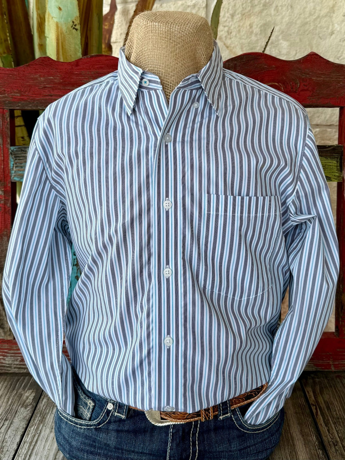 Men’s Wrangler long sleeve button-down stripe shirt in white with teal and black stripes, built with a crisp button-down collar, with a single chest pocket for added function - 112368042. Available at Blair's Western Wear, Marble Falls, TX.