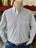 Men's Wrangler George Strait Collection long sleeve button-down print shirt in white, brown, and turquoise, crafted from a breathable cotton blend, with button-down collar and embroidered front pocket - 112368201. Available at Blair's Western Wear, Marble Falls, TX.