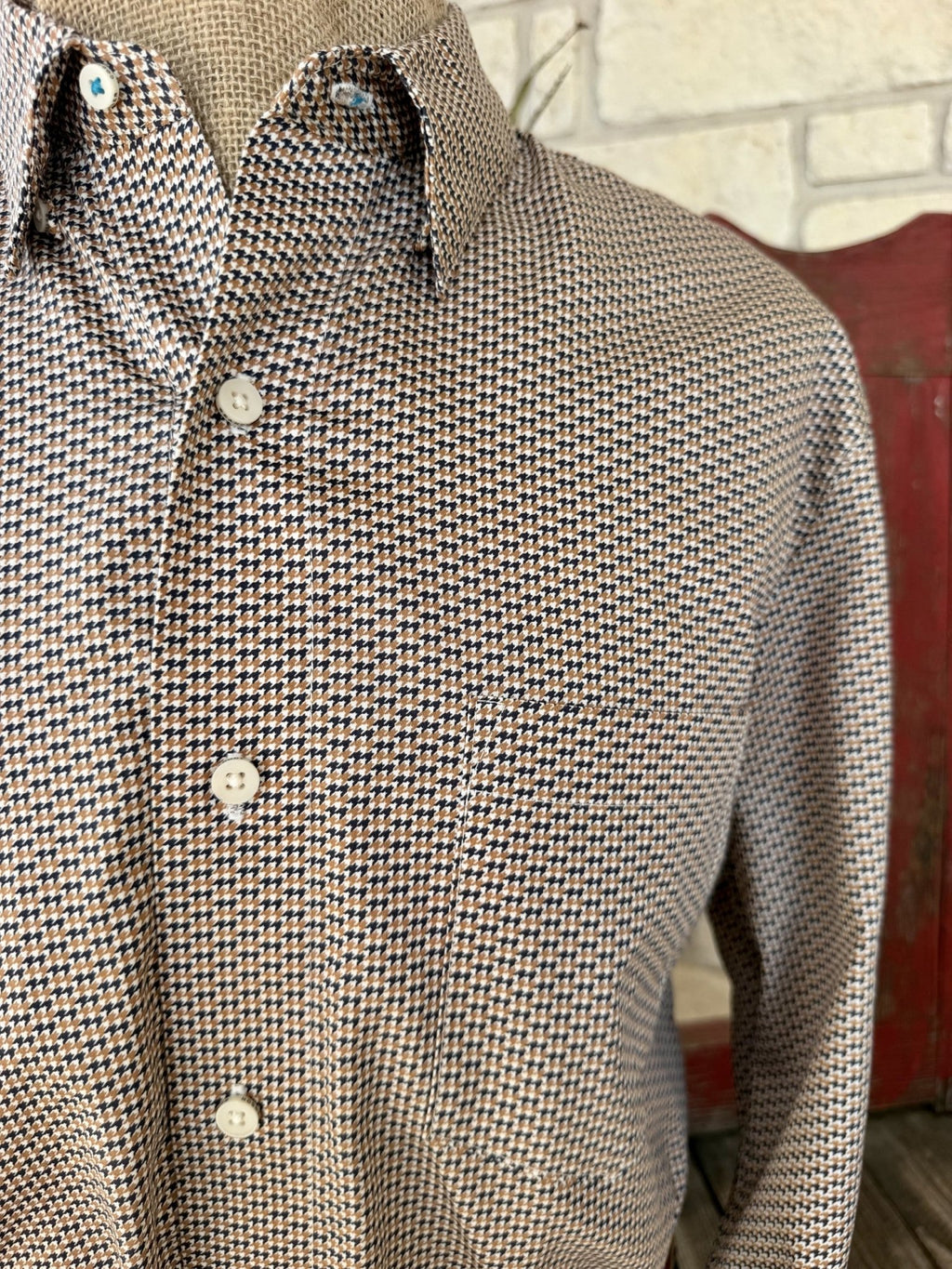 Men's Wrangler Navy & Tan Houndstooth Print Long Sleeve Shirt