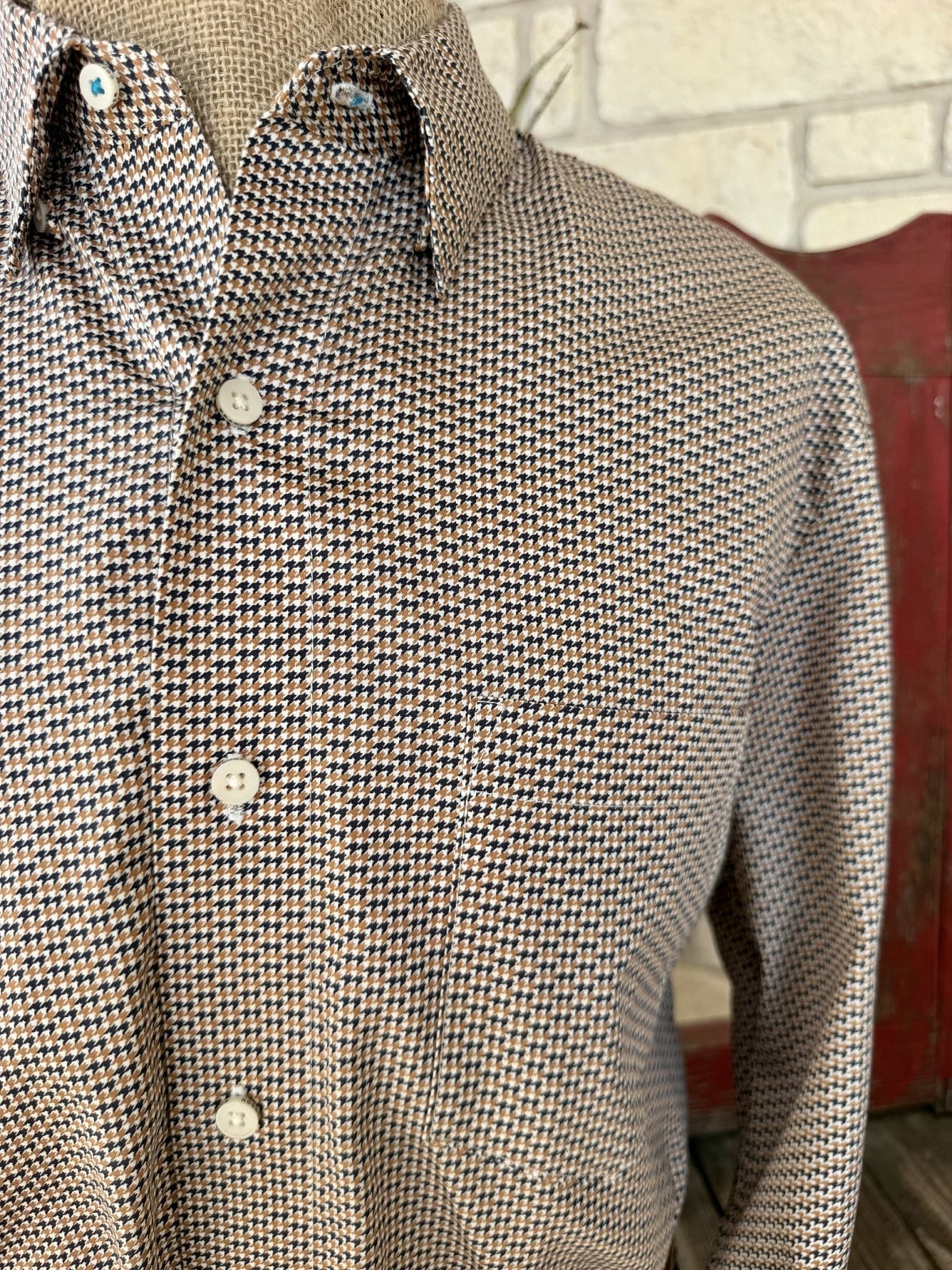 Men's Wrangler Navy & Tan Houndstooth Print Long Sleeve Shirt